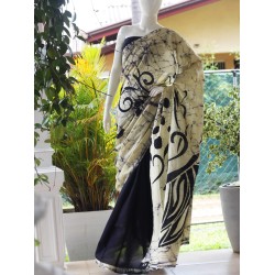 Black And Beige Handmade Cotton Batik Saree