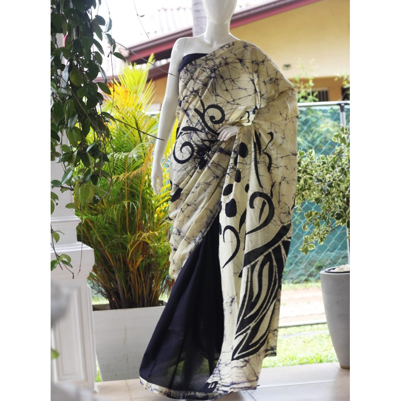 Black And Beige Handmade Cotton Batik Saree