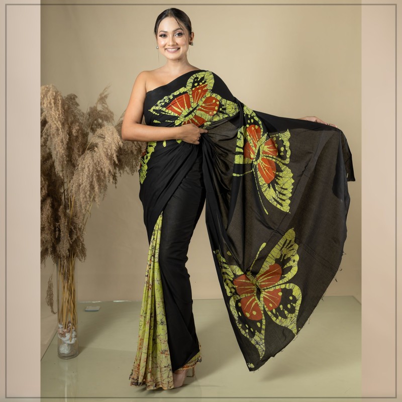 Black And Green Handmade Cotton Batik Saree