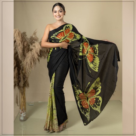 Black And Green Handmade Cotton Batik Saree