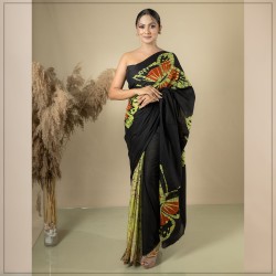 Black And Green Handmade Cotton Batik Saree