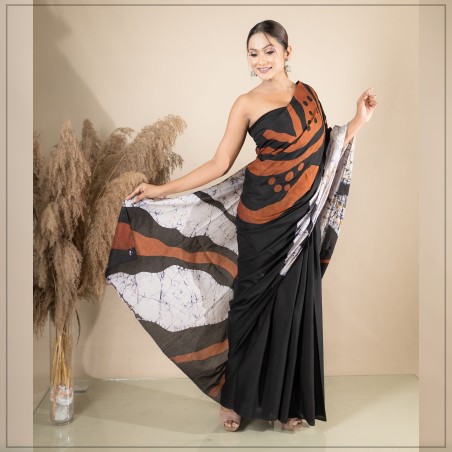 Black And Brown Handmade Cotton Batik Saree