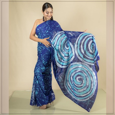 Blue And white Handmade Cotton Batik Saree