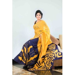 Blue And Yellow Handmade Cotton Batik Saree