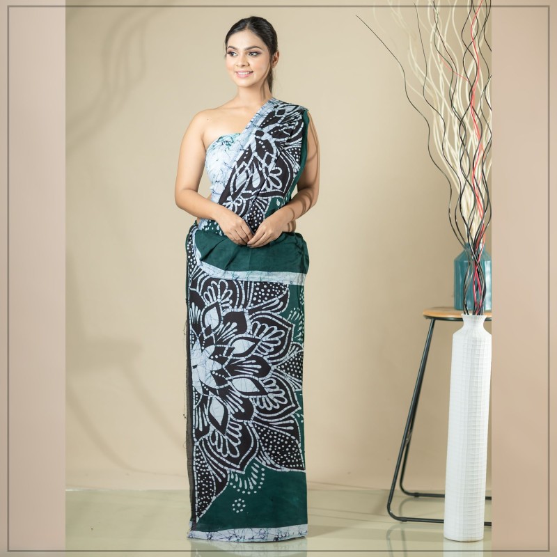 Green Color Handmade Cotton Batik Saree