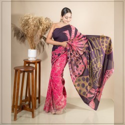 Magenta And Purple Handmade Cotton Batik Saree