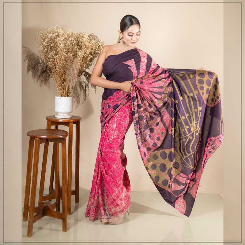 Magenta And Purple Handmade Cotton Batik Saree