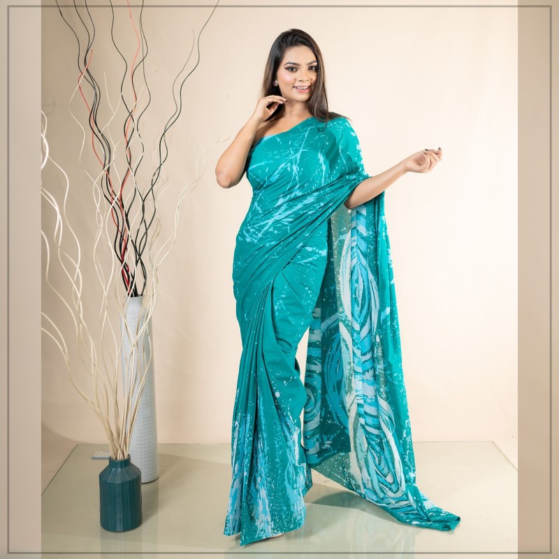 Light Blue Handmade Cotton Batik Saree