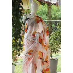 White And Orange Handmade Silk Batik Saree