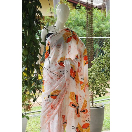 White And Orange Handmade Silk Batik Saree