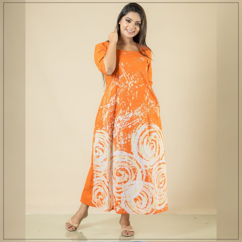 Orange And White Cotton Batik Dress