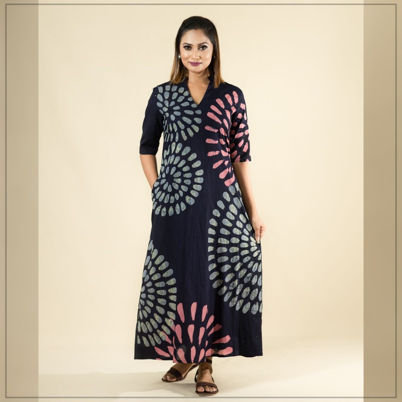 Black And Peach Cotton Batik Dress