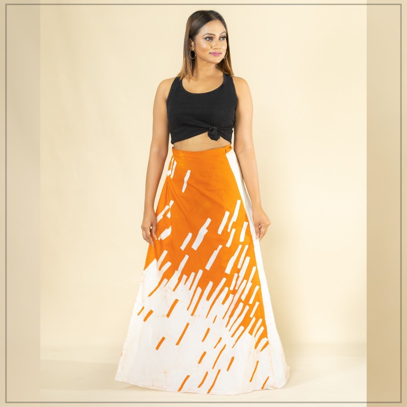 White And Orange Batik Wrap Around Skirt
