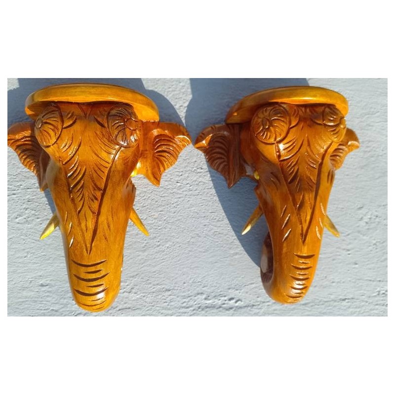 Two Elephant Head Teak wood hand carving Sculpture