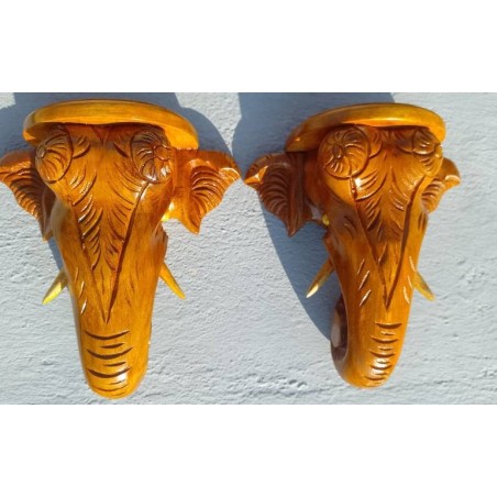 Two Elephant Head Teak wood hand carving Sculpture