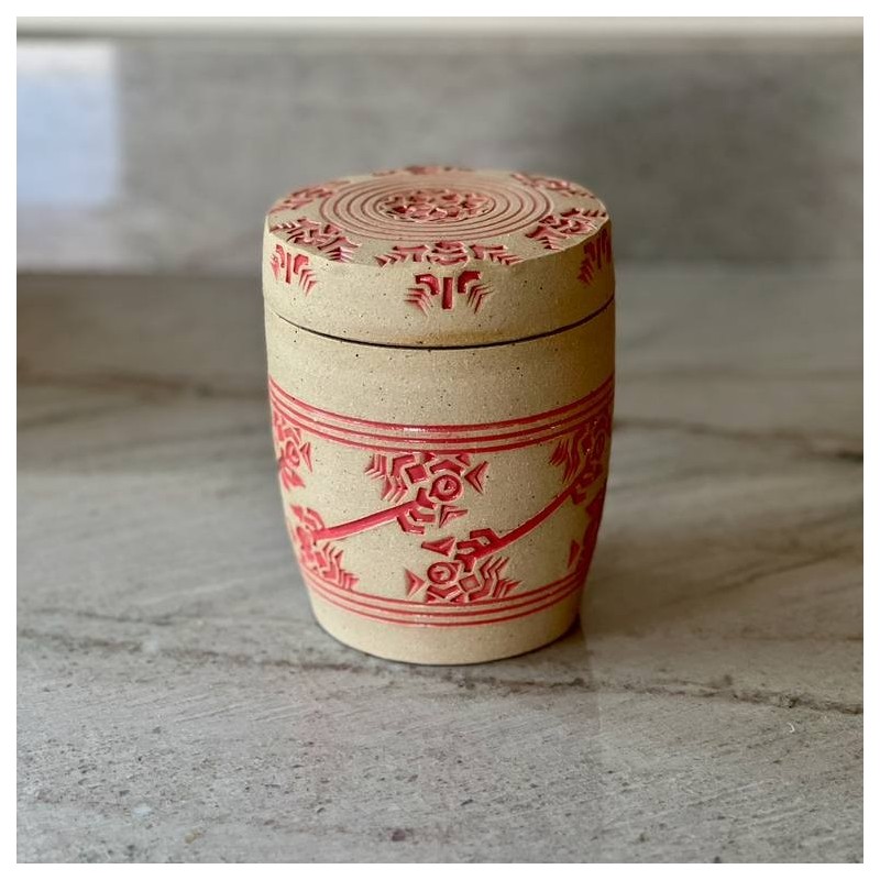 Speckled Clay Jar with Red Glaze Decoration